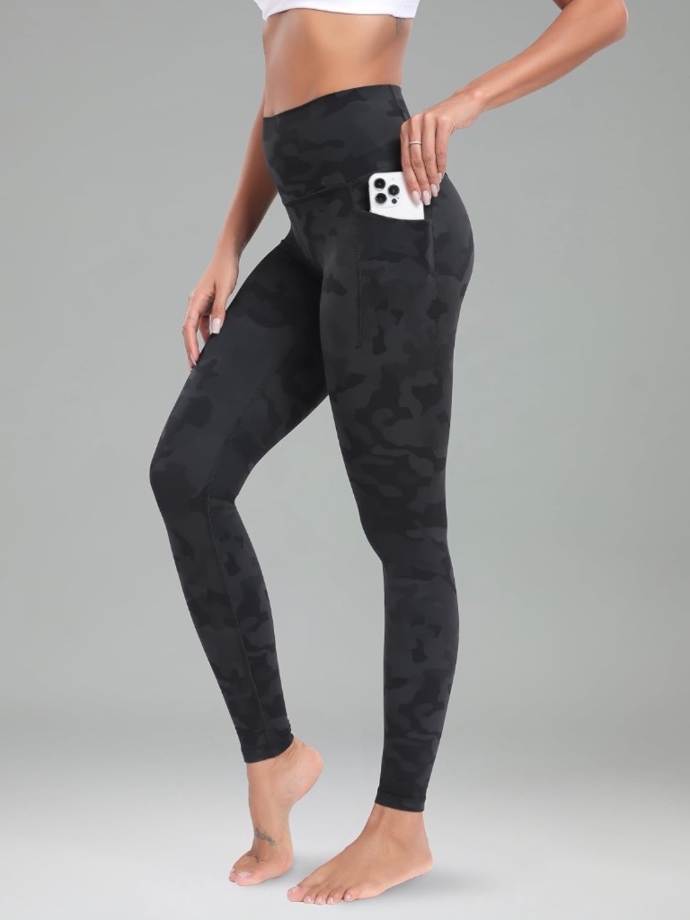 Colorfulkoala Black Dark Gray Camo High Waisted Leggings Side Pockets S - Picture 2 of 10